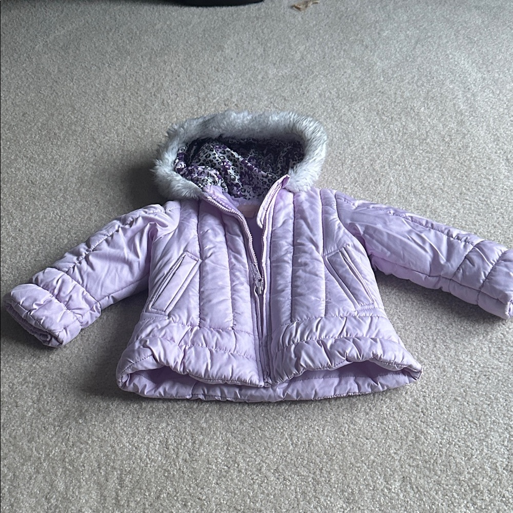 London Fog Light Purple Puffer Jacket with Faux Fur Hood